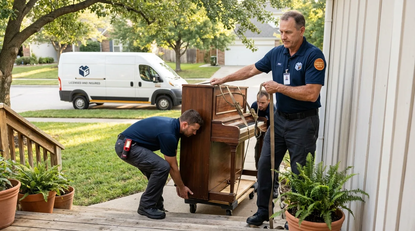 Licensed piano movers securing grand piano in Horseshoe Bend, AR