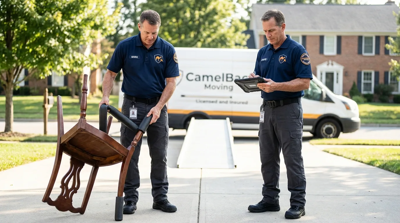 Movers inspecting furniture for damage prevention before loading in Horseshoe Bend, AR