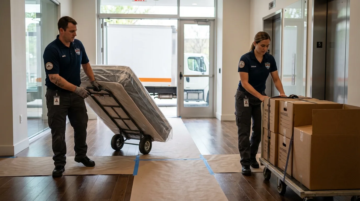 Professional apartment movers loading elevator in Horseshoe Bend, AR