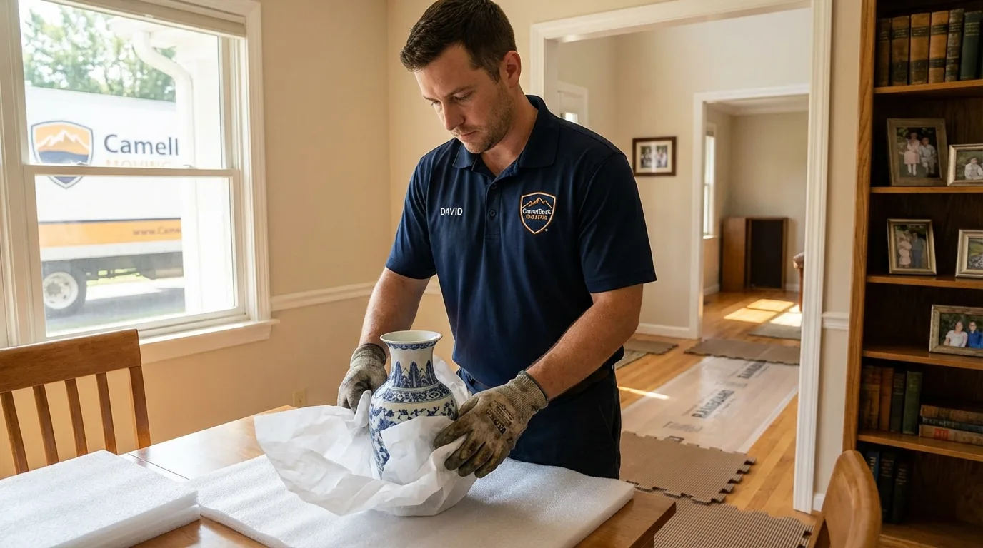 Professional crew carefully wrapping antique vase for senior downsizing move in Horseshoe Bend, AR